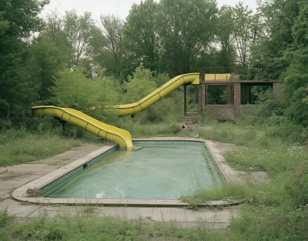 Imaginary abandoned training pool and water slide